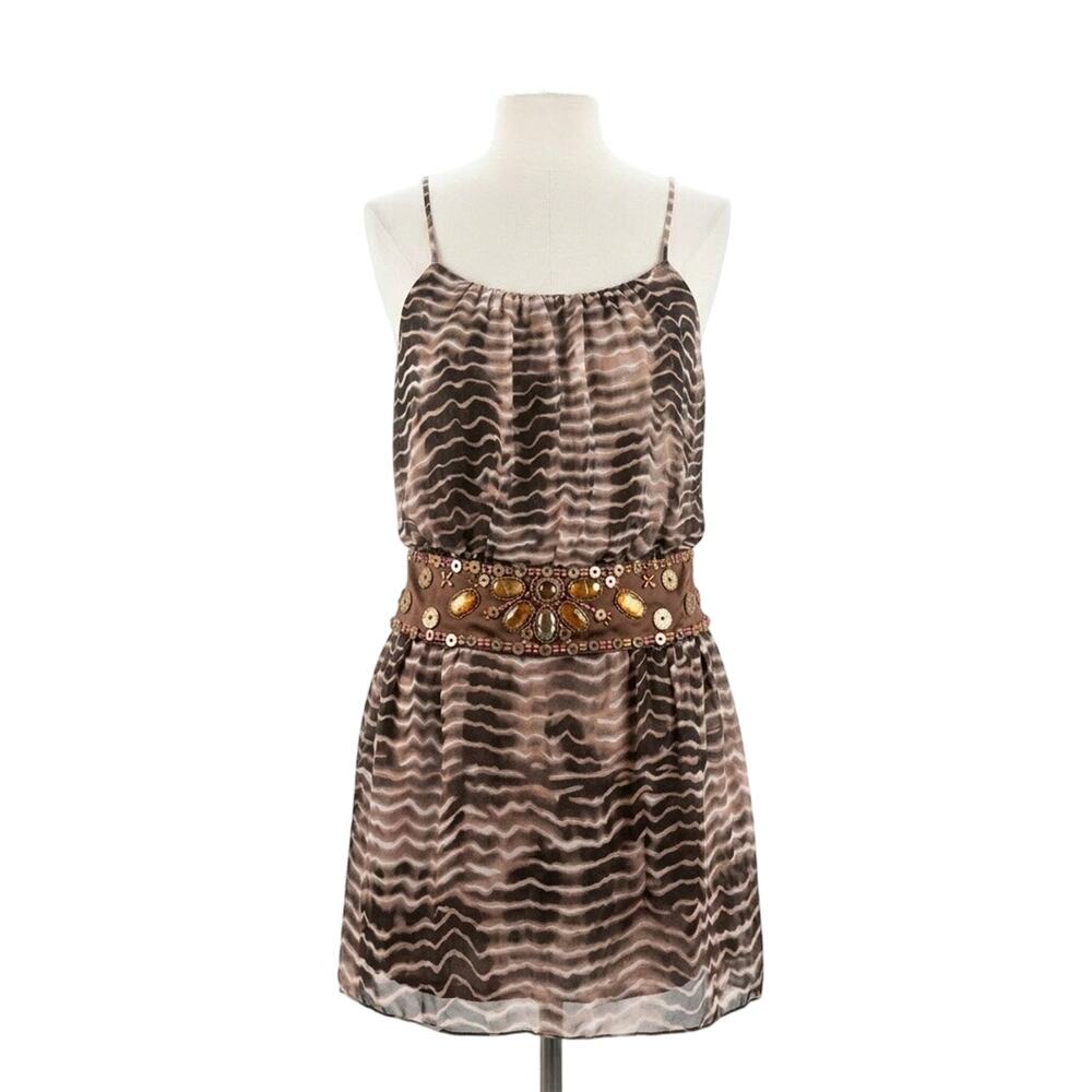 Sue Wong Silk Dress Women's 2 Brown Animal Print Zebra Beaded Waist Mini Luxury